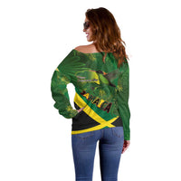 Jamaica Independence Day Off Shoulder Sweater Swallow-tail Hummingbird Tropical Plants and National Flag - Wonder Print Shop