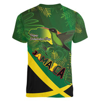 Jamaica Independence Day Women V-Neck T-Shirt Swallow-tail Hummingbird Tropical Plants and National Flag - Wonder Print Shop