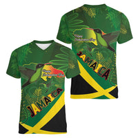 Jamaica Independence Day Women V-Neck T-Shirt Swallow-tail Hummingbird Tropical Plants and National Flag - Wonder Print Shop