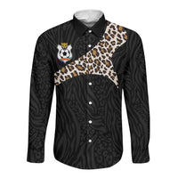 Custom DR Congo Football Long Sleeve Button Shirt Leopards Texture Wild Black