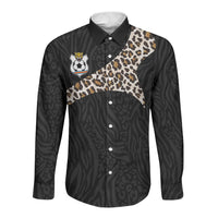 Custom DR Congo Football Long Sleeve Button Shirt Leopards Texture Wild Black