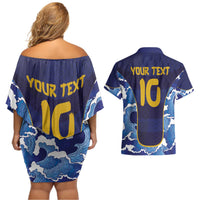 Custom Japan Pacific Rugby 2024 Couples Matching Off Shoulder Short Dress and Hawaiian Shirt Japanese Traditional Pattern and Sea Waves - Wonder Print Shop