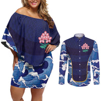 Custom Japan Pacific Rugby 2024 Couples Matching Off Shoulder Short Dress and Long Sleeve Button Shirt Japanese Traditional Pattern and Sea Waves - Wonder Print Shop