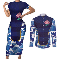 Custom Japan Pacific Rugby 2024 Couples Matching Short Sleeve Bodycon Dress and Long Sleeve Button Shirt Japanese Traditional Pattern and Sea Waves - Wonder Print Shop