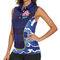 Custom Japan Pacific Rugby 2024 Women Sleeveless Polo Shirt Japanese Traditional Pattern and Sea Waves - Wonder Print Shop