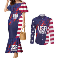 Custom United States Pacific Rugby 2024 Couples Matching Mermaid Dress and Long Sleeve Button Shirt The Eagle and USA Flag Style