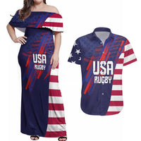 Custom United States Pacific Rugby 2024 Couples Matching Off Shoulder Maxi Dress and Hawaiian Shirt The Eagle and USA Flag Style
