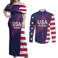 Custom United States Pacific Rugby 2024 Couples Matching Off Shoulder Maxi Dress and Long Sleeve Button Shirt The Eagle and USA Flag Style