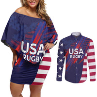 Custom United States Pacific Rugby 2024 Couples Matching Off Shoulder Short Dress and Long Sleeve Button Shirt The Eagle and USA Flag Style