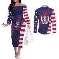 Custom United States Pacific Rugby 2024 Couples Matching Off The Shoulder Long Sleeve Dress and Long Sleeve Button Shirt The Eagle and USA Flag Style