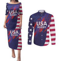Custom United States Pacific Rugby 2024 Couples Matching Puletasi and Long Sleeve Button Shirt The Eagle and USA Flag Style