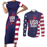 Custom United States Pacific Rugby 2024 Couples Matching Short Sleeve Bodycon Dress and Long Sleeve Button Shirt The Eagle and USA Flag Style