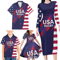 Custom United States Pacific Rugby 2024 Family Matching Long Sleeve Bodycon Dress and Hawaiian Shirt The Eagle and USA Flag Style