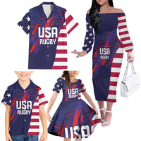 Custom United States Pacific Rugby 2024 Family Matching Off The Shoulder Long Sleeve Dress and Hawaiian Shirt The Eagle and USA Flag Style