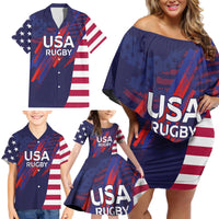 Custom United States Pacific Rugby 2024 Family Matching Off Shoulder Short Dress and Hawaiian Shirt The Eagle and USA Flag Style