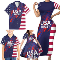 Custom United States Pacific Rugby 2024 Family Matching Short Sleeve Bodycon Dress and Hawaiian Shirt The Eagle and USA Flag Style