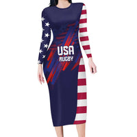 Custom United States Pacific Rugby 2024 Long Sleeve Bodycon Dress The Eagle and USA Flag Style