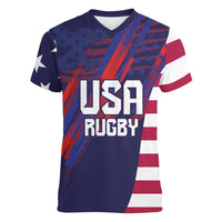 Custom United States Pacific Rugby 2024 Women V-Neck T-Shirt The Eagle and USA Flag Style