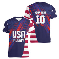 Custom United States Pacific Rugby 2024 Women V-Neck T-Shirt The Eagle and USA Flag Style