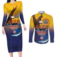 American Samoa Fautasi Couples Matching Long Sleeve Bodycon Dress and Long Sleeve Button Shirt Bald Eage and Sailfish with Kakau Motifs - Wonder Print Shop
