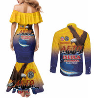 American Samoa Fautasi Couples Matching Mermaid Dress and Long Sleeve Button Shirt Bald Eage and Sailfish with Kakau Motifs - Wonder Print Shop
