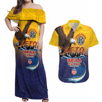 American Samoa Fautasi Couples Matching Off Shoulder Maxi Dress and Hawaiian Shirt Bald Eage and Sailfish with Kakau Motifs - Wonder Print Shop