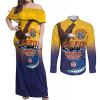 American Samoa Fautasi Couples Matching Off Shoulder Maxi Dress and Long Sleeve Button Shirt Bald Eage and Sailfish with Kakau Motifs - Wonder Print Shop