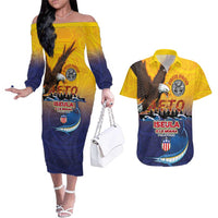 American Samoa Fautasi Couples Matching Off The Shoulder Long Sleeve Dress and Hawaiian Shirt Bald Eage and Sailfish with Kakau Motifs - Wonder Print Shop