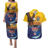 American Samoa Fautasi Couples Matching Puletasi and Hawaiian Shirt Bald Eage and Sailfish with Kakau Motifs - Wonder Print Shop