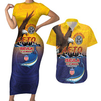 American Samoa Fautasi Couples Matching Short Sleeve Bodycon Dress and Hawaiian Shirt Bald Eage and Sailfish with Kakau Motifs - Wonder Print Shop