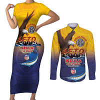 American Samoa Fautasi Couples Matching Short Sleeve Bodycon Dress and Long Sleeve Button Shirt Bald Eage and Sailfish with Kakau Motifs - Wonder Print Shop