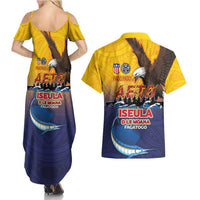 American Samoa Fautasi Couples Matching Summer Maxi Dress and Hawaiian Shirt Bald Eage and Sailfish with Kakau Motifs - Wonder Print Shop