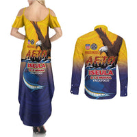 American Samoa Fautasi Couples Matching Summer Maxi Dress and Long Sleeve Button Shirt Bald Eage and Sailfish with Kakau Motifs - Wonder Print Shop