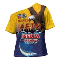 American Samoa Fautasi Cross Shoulder Shirt Bald Eage and Sailfish with Kakau Motifs - Wonder Print Shop