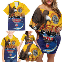 American Samoa Fautasi Family Matching Off Shoulder Short Dress and Hawaiian Shirt Bald Eage and Sailfish with Kakau Motifs - Wonder Print Shop