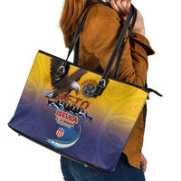 American Samoa Fautasi Leather Tote Bag Bald Eage and Sailfish with Kakau Motifs - Wonder Print Shop