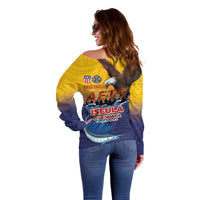 American Samoa Fautasi Off Shoulder Sweater Bald Eage and Sailfish with Kakau Motifs - Wonder Print Shop