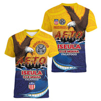 American Samoa Fautasi Women V-Neck T-Shirt Bald Eage and Sailfish with Kakau Motifs - Wonder Print Shop