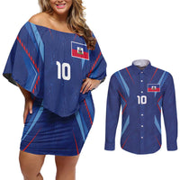 Custom Haiti National Football Couples Matching Off Shoulder Short Dress and Long Sleeve Button Shirt Sporty Style - Wonder Print Shop