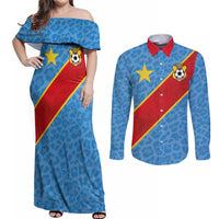 Custom DR Congo National Football Couples Matching Off Shoulder Maxi Dress and Long Sleeve Button Shirt Leopards Power - Wonder Print Shop