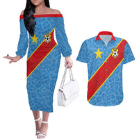 Custom DR Congo National Football Couples Matching Off The Shoulder Long Sleeve Dress and Hawaiian Shirt Leopards Power - Wonder Print Shop