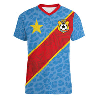 Custom DR Congo National Football Women V-Neck T-Shirt Leopards Power - Wonder Print Shop