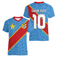 Custom DR Congo National Football Women V-Neck T-Shirt Leopards Power - Wonder Print Shop