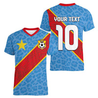 Custom DR Congo National Football Women V-Neck T-Shirt Leopards Power - Wonder Print Shop