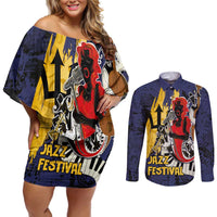 Barbados Jazz Festival - Abstract Jazz Art Couples Matching Off Shoulder Short Dress and Long Sleeve Button Shirt