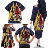 Barbados Jazz Festival - Abstract Jazz Art Family Matching Off The Shoulder Long Sleeve Dress and Hawaiian Shirt