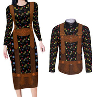 Traditional German Costume - Lederhosen Couples Matching Long Sleeve Bodycon Dress and Long Sleeve Button Shirt Folk Floral Pattern Style