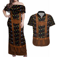 Traditional German Costume - Lederhosen Couples Matching Off Shoulder Maxi Dress and Hawaiian Shirt Folk Floral Pattern Style