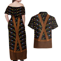 Traditional German Costume - Lederhosen Couples Matching Off Shoulder Maxi Dress and Hawaiian Shirt Folk Floral Pattern Style