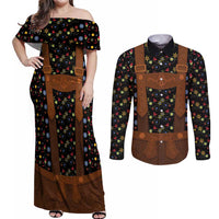 Traditional German Costume - Lederhosen Couples Matching Off Shoulder Maxi Dress and Long Sleeve Button Shirt Folk Floral Pattern Style